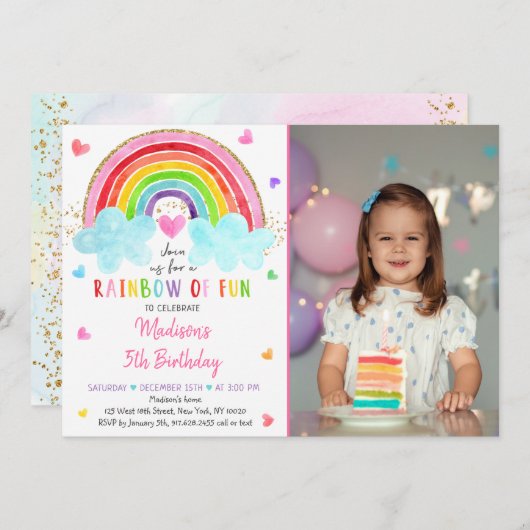 Invitation Rainbow Cloud Hearts Aquarelle Anniversaire (Devant / Derrière)
