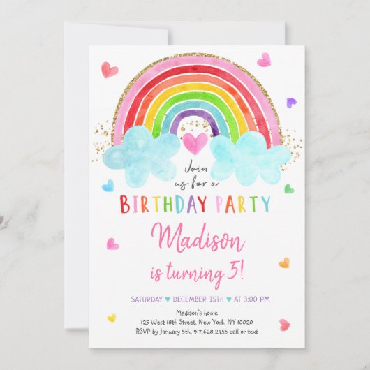 Invitation Rainbow Cloud Hearts Aquarelle Anniversaire (Devant)