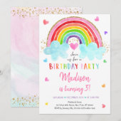 Invitation Rainbow Cloud Hearts Aquarelle Anniversaire (Devant / Derrière)