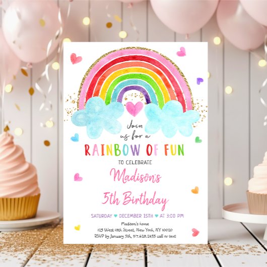 Invitation Rainbow Cloud Hearts Aquarelle Anniversaire