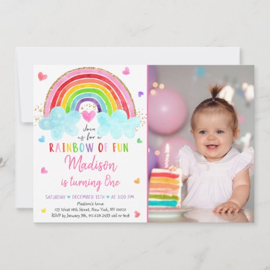 Invitation Rainbow Cloud Hearts Aquarelle Anniversaire (Devant)