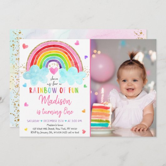 Invitation Rainbow Cloud Hearts Aquarelle Anniversaire (Devant / Derrière)