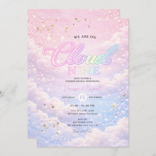 Invitation Rainbow Cloud Nine Sky Glitter Gender Reveal  (Devant / Derrière)