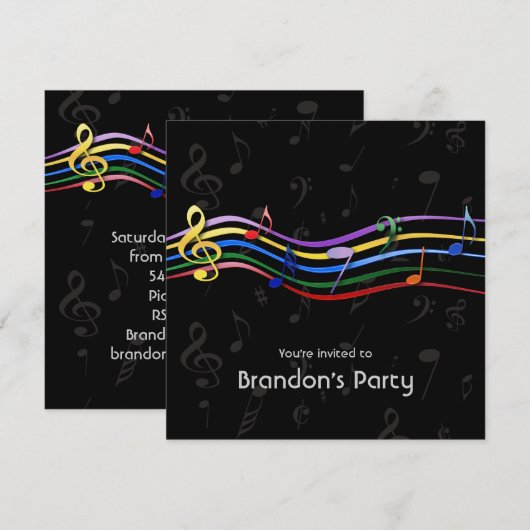 Invitation Rainbow Colour Music Notes Anniversaire (Devant / Derrière)