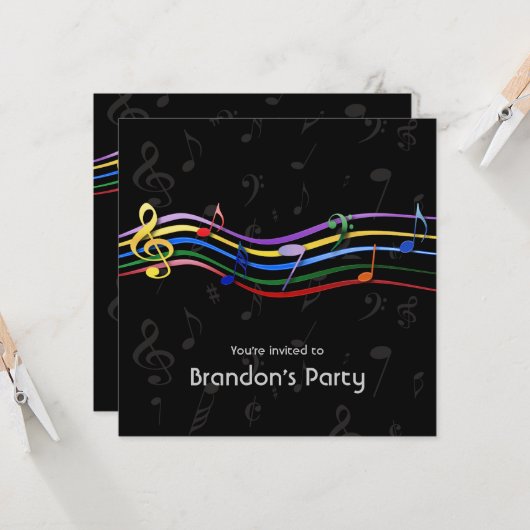 Invitation Rainbow Colour Music Notes Anniversaire (Devant/Arrière en situation)