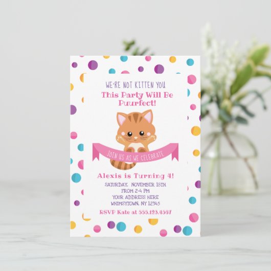 Invitation Rainbow Confetti Cute Kitty Chat Anniversaire (Debout devant)