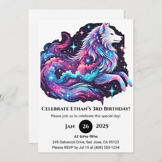Invitation Rainbow Cosmic Wolf Birthday (Devant / Derrière)