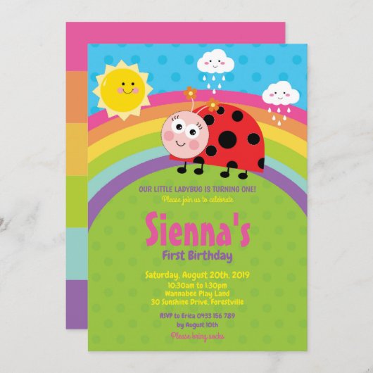 Invitation Rainbow Cute Ladybug 1er Anniversaire Fille de fêt (Devant / Derrière)