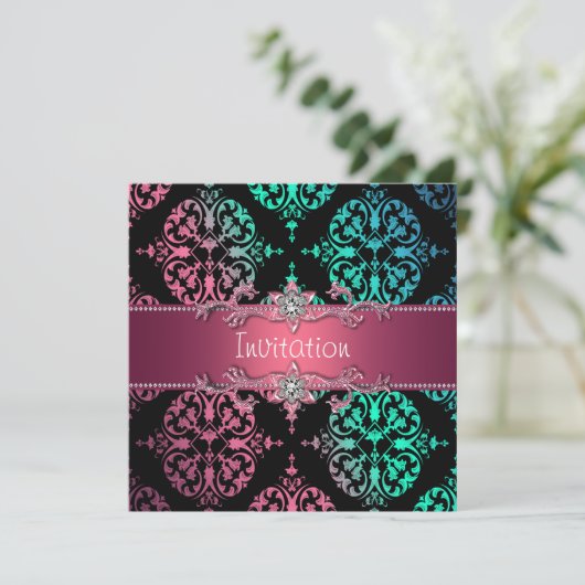 Invitation Rainbow Damask Black Party (Debout devant)