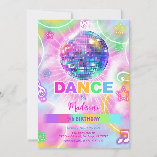 Invitation Rainbow Dance Disco Party Neon Glow (Devant)