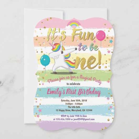 Invitation Rainbow dapping licorne premier anniversaire (Devant)