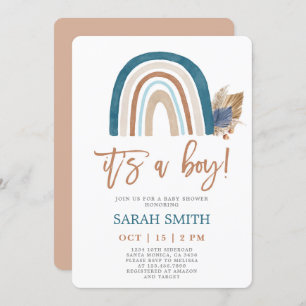 Invitation Rainbow Dusty Baby shower bleu boho garçon