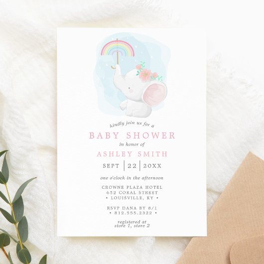 Invitation Rainbow Elephant Aquarelle Baby shower fille