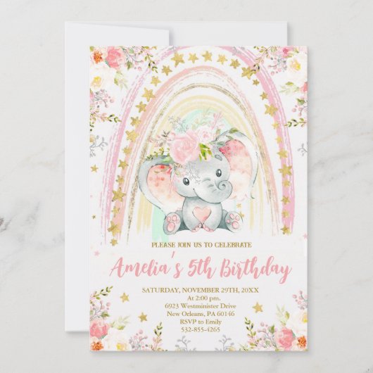 Invitation Rainbow et Elephant Anniversaire (Devant)