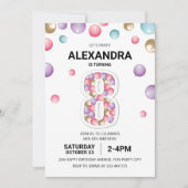 Invitation Rainbow fête du 8e anniversaire, fille en ballons (Devant)