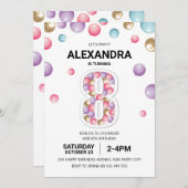 Invitation Rainbow fête du 8e anniversaire, fille en ballons (Devant / Derrière)