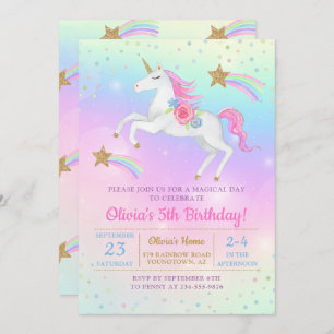 Invitation Rainbow Floral Magique Unicorn Girls Anniversaire