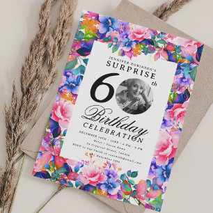 Invitation Rainbow Floral Photo SURPRISE 60e anniversaire