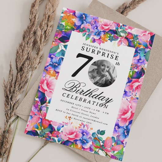 Invitation Rainbow Floral Photo SURPRISE 70e anniversaire