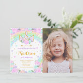 Invitation Rainbow Floral Unicorn Photo Anniversaire (Debout devant)