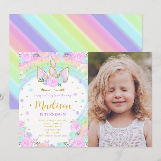 Invitation Rainbow Floral Unicorn Photo Anniversaire (Devant / Derrière)