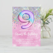 Invitation Rainbow Foil Girl Neuf Anniversaire (Debout devant)