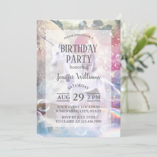 Invitation Rainbow galaxy chat équitation licorne dans l'espa (Debout devant)