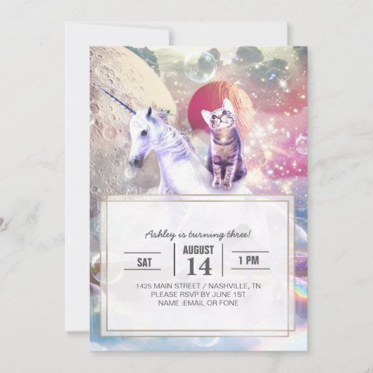 Invitation Rainbow galaxy chat équitation licorne dans l'espa (Devant)