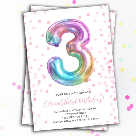 Invitation Rainbow Girl 3e anniversaire de la fête numéro de