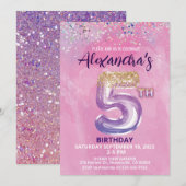 Invitation Rainbow Girl Foil Balloon 5e anniversaire Invitati (Devant / Derrière)