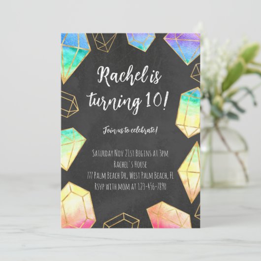 Invitation Rainbow & Gold Gemstones Modern Girls Anniversaire (Debout devant)