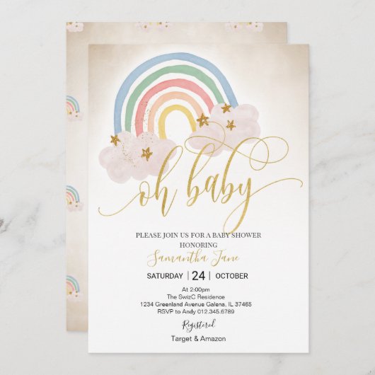 Invitation Rainbow Gold Parties scintillant bébé saupoudrer O (Devant / Derrière)