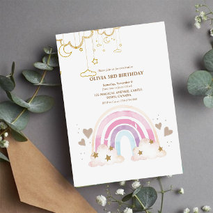 Invitation Rainbow Gold Stars Girl 3ème anniversaire Enfants 