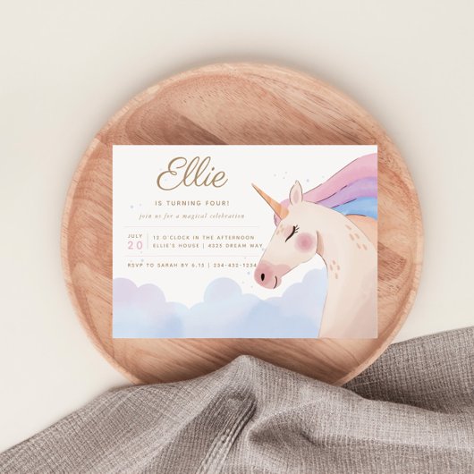 Invitation Rainbow Gold Watercolor Unicorn Anniversaire |