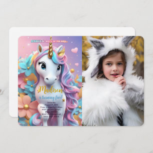 Invitation Rainbow Hair Unicorn Photo Anniversaire