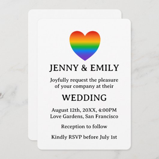 Invitation Rainbow Heart Fier Gay Lesbian Mariage (Devant / Derrière)