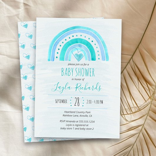 Invitation Rainbow Heart Watercolor Baby shower bleu laver
