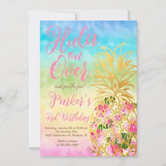 Invitation Rainbow Hula sur, Luau, Anniversaire de l'ananas (Devant)