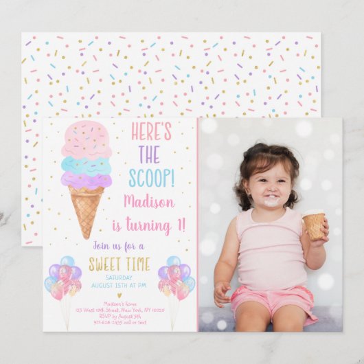 Invitation Rainbow Ice Cream Voici l'anniversaire de la Scoop (Devant / Derrière)