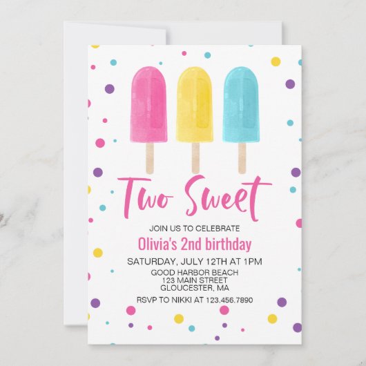Invitation Rainbow Ice Pop Two Sweet Summer Birthday (Devant)