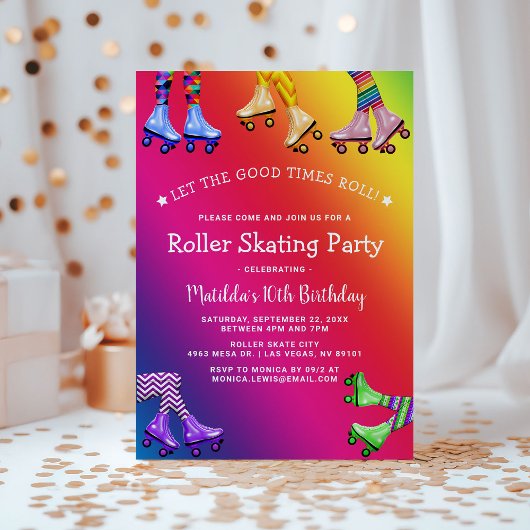 Invitation Rainbow Kids Roller Sking fête d'anniversaire