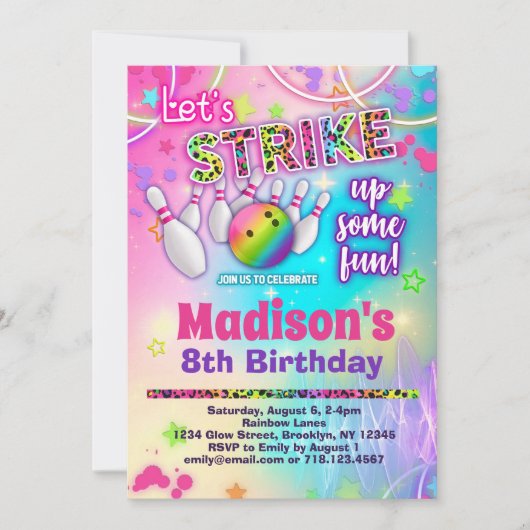Invitation Rainbow Leopard Bowling fête d'anniversaire (Devant)