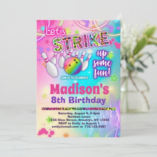 Invitation Rainbow Leopard Bowling fête d'anniversaire (Debout devant)