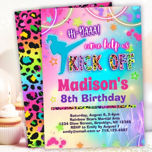 Invitation Rainbow Leopard Karate Anniversaire