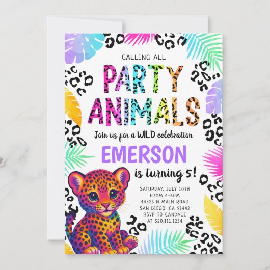 Invitation Rainbow Leopard Party Animaux Anniversaire Invitat (Devant)