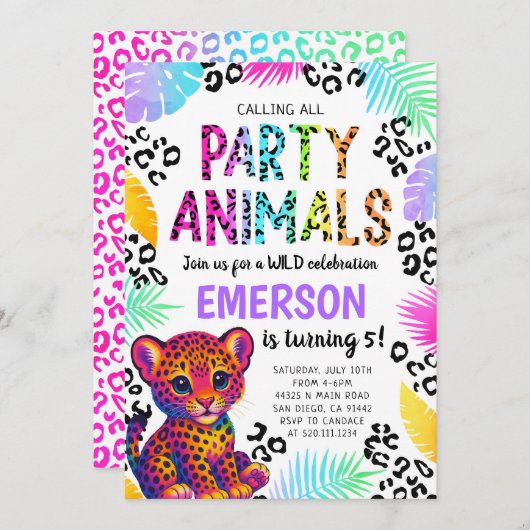 Invitation Rainbow Leopard Party Animaux Anniversaire Invitat (Devant / Derrière)