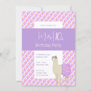 Invitation Rainbow Llama Purple Girls 10e anniversaire