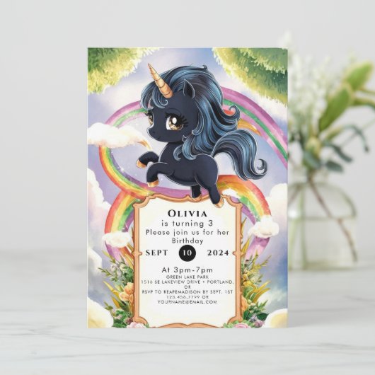 Invitation Rainbow Magic Black Unicorn Anniversaire (Debout devant)