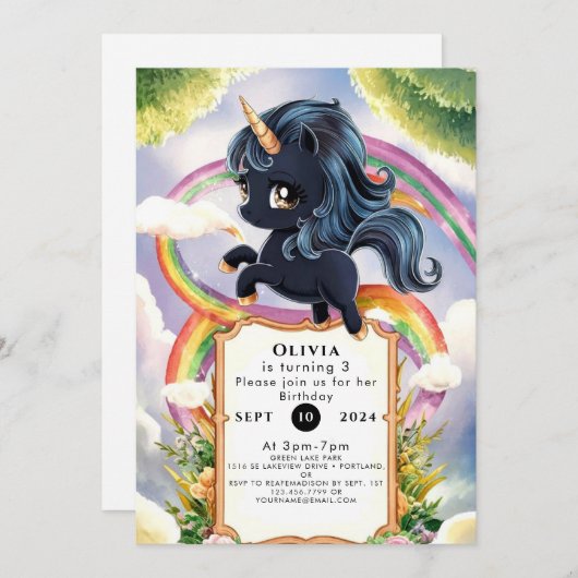 Invitation Rainbow Magic Black Unicorn Anniversaire (Devant / Derrière)
