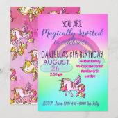 Invitation Rainbow Magical Unicorn Party Joyeux anniversaire (Devant / Derrière)